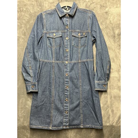 Frye Denim Dress Woman’s Sz S Dark Jean Buttons Pockets Long Sleeve Teacher NWOT - Picture 1 of 10